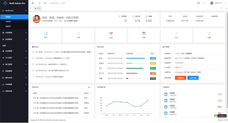 swiftadmin(基于ThinkPHP6 + Layui的开源后台管理系统框架)-雪白的乌云