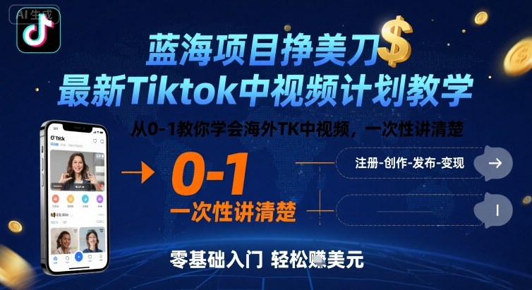 蓝海项目挣美刀，最新Tiktok中视频计划教学，从0-1教你学会海外TK中视频，一次性讲清楚-雪白的乌云